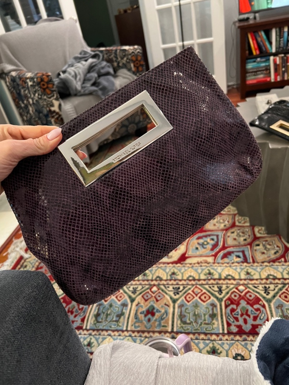 Michael Kors Plum Textured Leather Clutch with Silver-Tone Handle